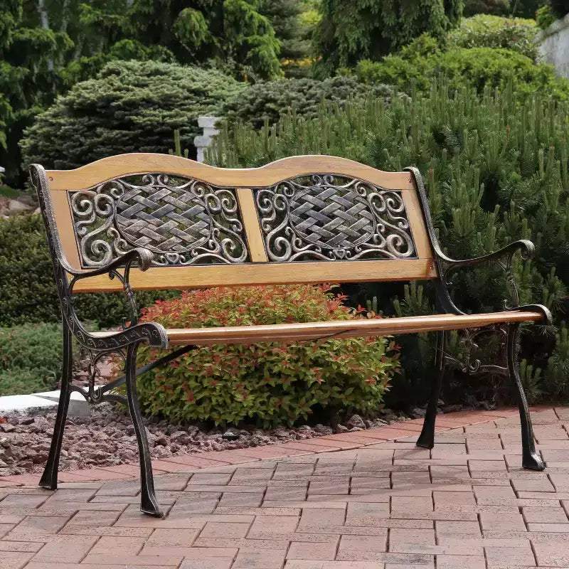 Banc de jardin extérieur Sunnydaze pour 2 personnes avec motif en lierre entrecroisé, en fonte et bois