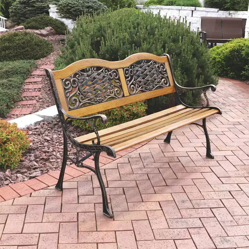 Banc de jardin extérieur Sunnydaze pour 2 personnes avec motif en lierre entrecroisé, en fonte et bois