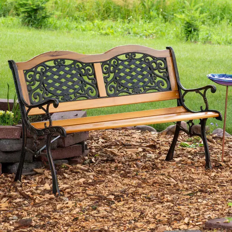 Banc de jardin extérieur Sunnydaze pour 2 personnes avec motif en lierre entrecroisé, en fonte et bois