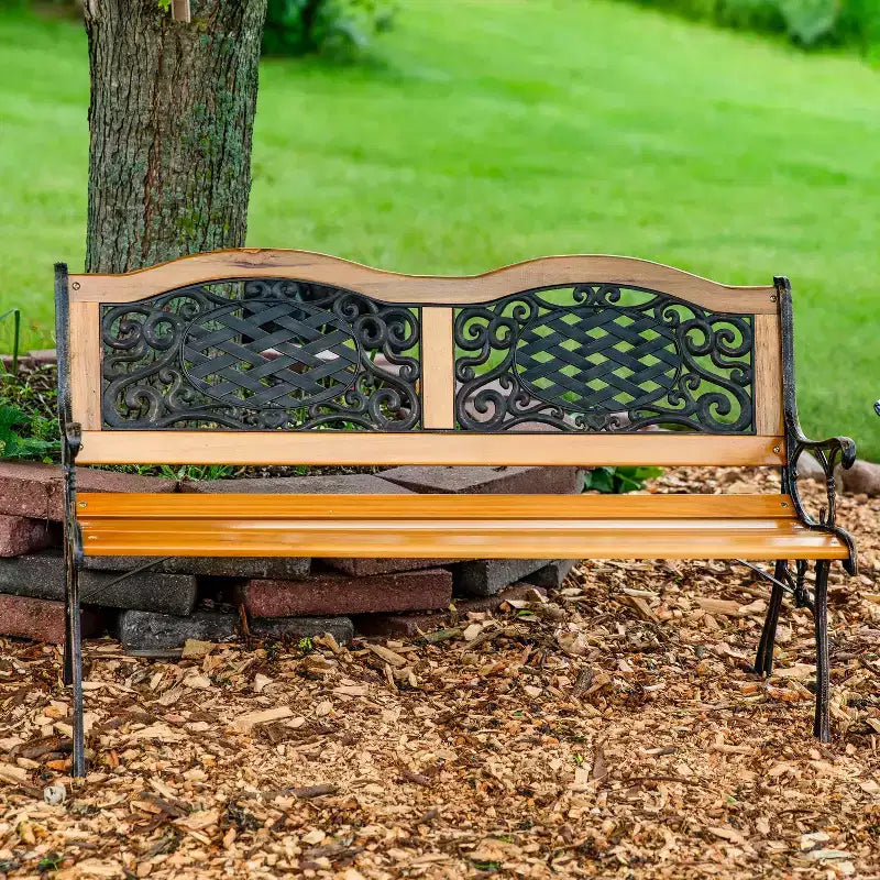 Banc de jardin extérieur Sunnydaze pour 2 personnes avec motif en lierre entrecroisé, en fonte et bois