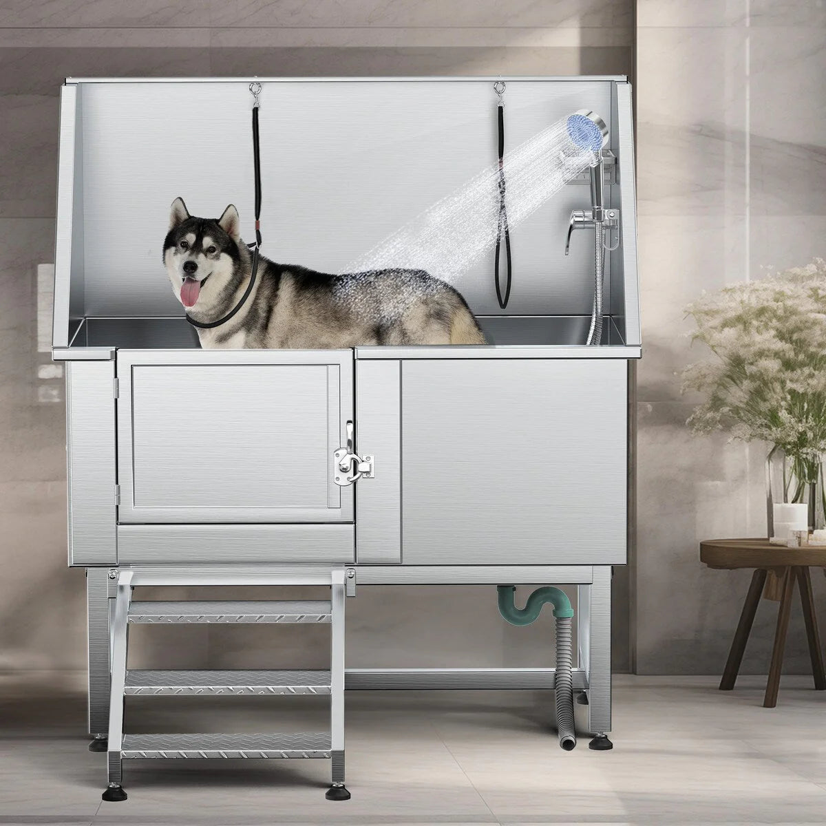 Baignoire de toilettage pour animaux de compagnie de 50 pouces de largeur en acier inoxydable avec rampe d'accès