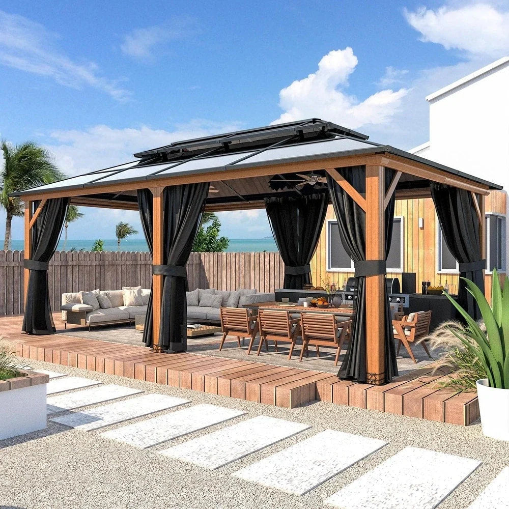Tonnelle EROMMY à toit rigide, pergola extérieure avec double toit, moustiquaire et rideaux, auvent robuste pour patio, jardin, fête au bord de la piscine