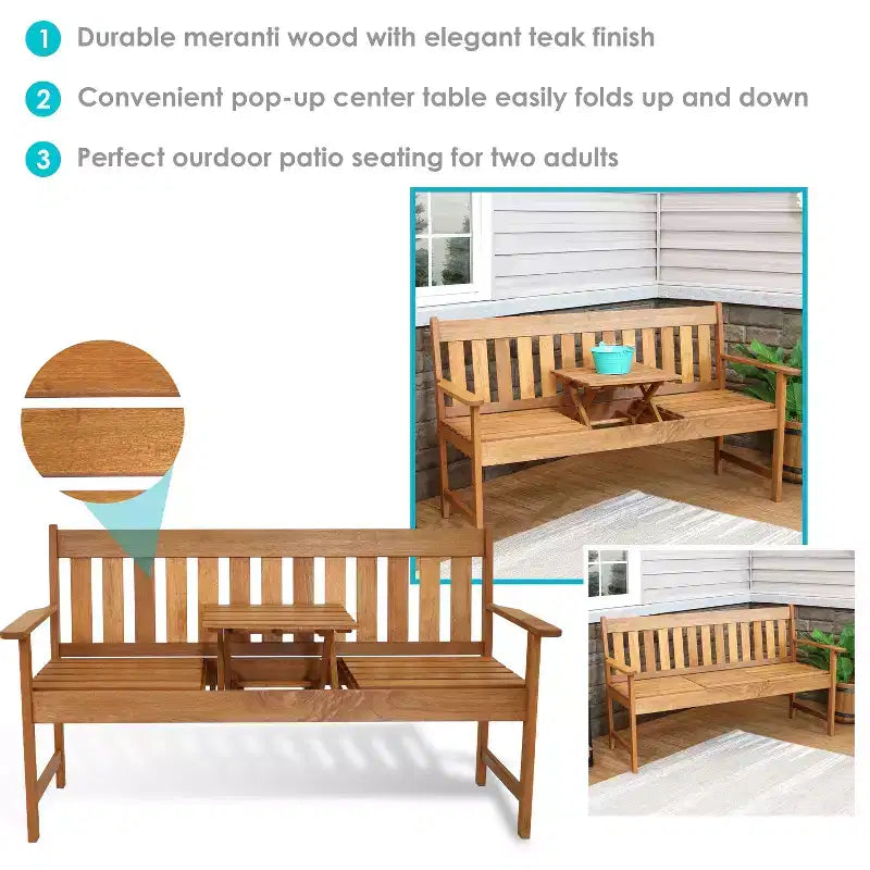 Banc 2 places Sunnydaze en bois de méranti avec finition à l'huile de teck et table escamotable - 60 - Marron