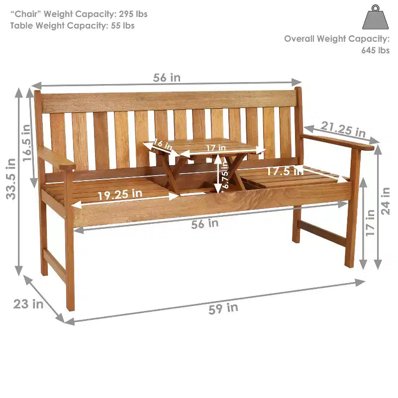 Banc 2 places Sunnydaze en bois de méranti avec finition à l'huile de teck et table escamotable - 60 - Marron