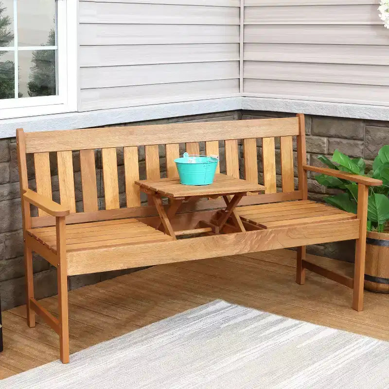 Banc 2 places Sunnydaze en bois de méranti avec finition à l'huile de teck et table escamotable - 60 - Marron