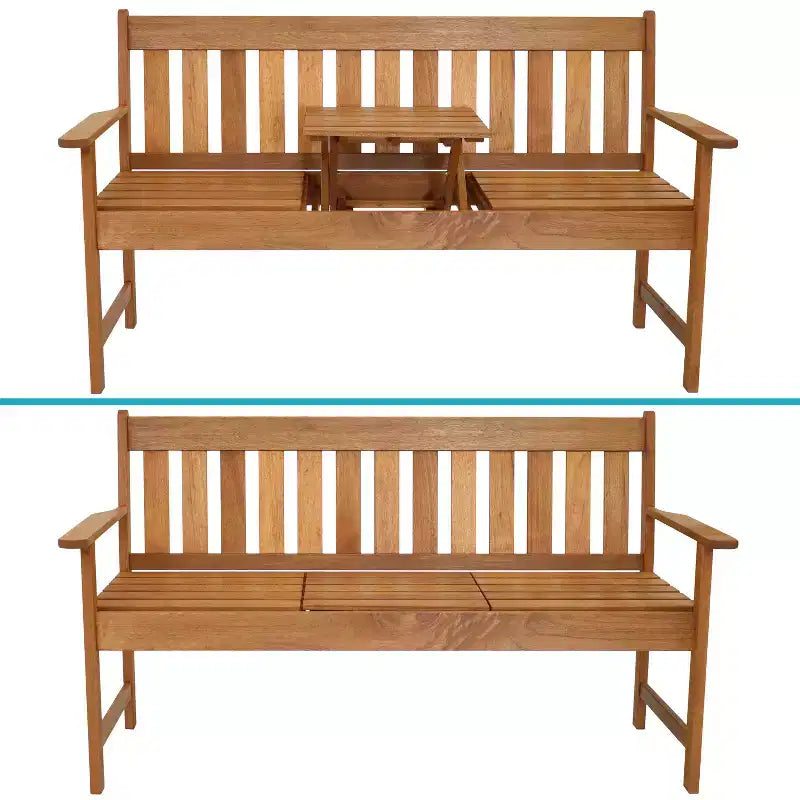 Banc 2 places Sunnydaze en bois de méranti avec finition à l'huile de teck et table escamotable - 60 - Marron