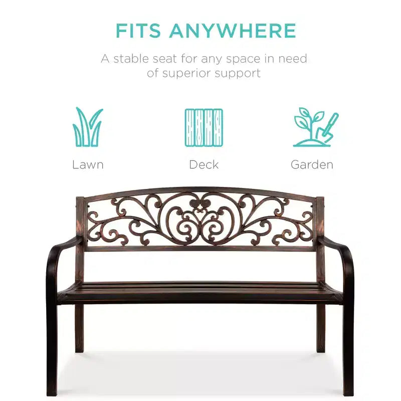 Banc d'extérieur en acier Best Choice Products, mobilier de jardin pour terrasse ou porche avec dossier à motif floral