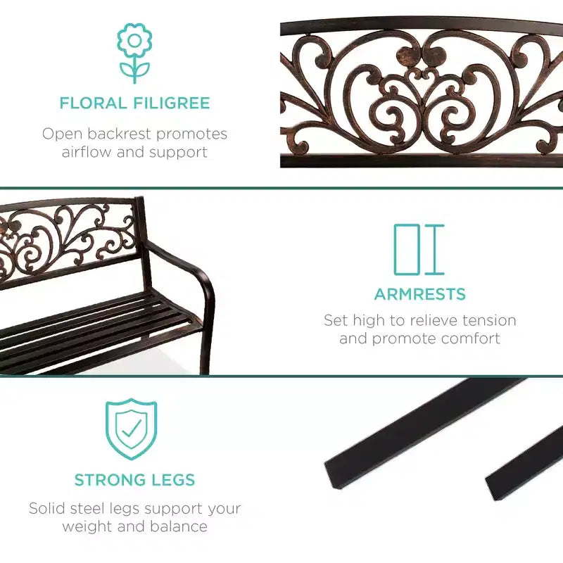 Banc d'extérieur en acier Best Choice Products, mobilier de jardin pour terrasse ou porche avec dossier à motif floral