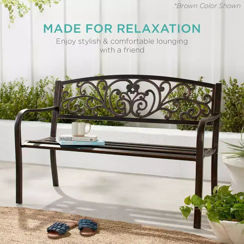 Banc d'extérieur en acier Best Choice Products, mobilier de jardin pour terrasse ou porche avec dossier à motif floral
