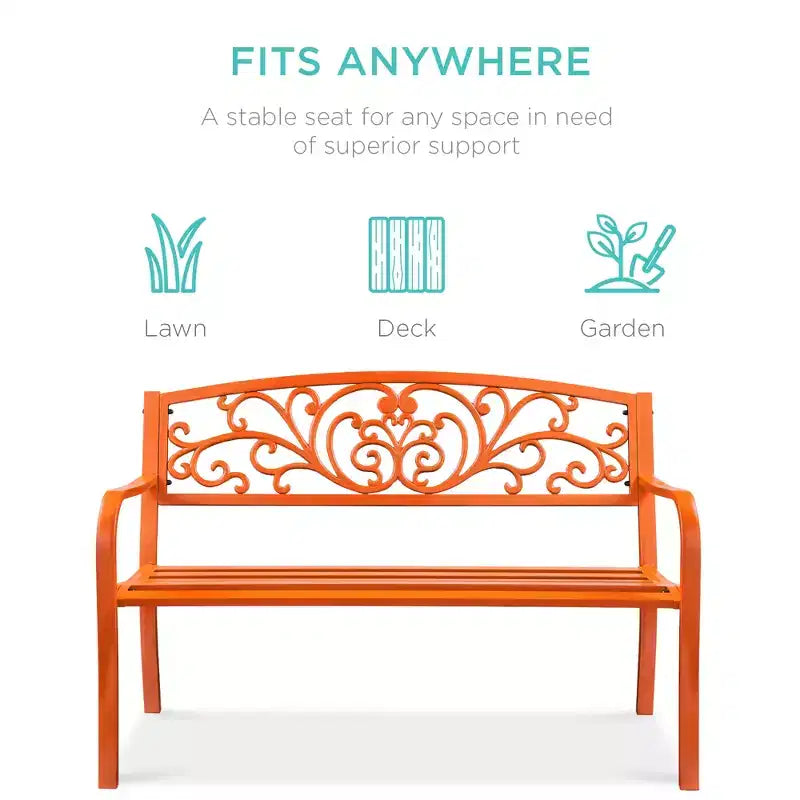 Banc d'extérieur en acier Best Choice Products, mobilier de jardin pour terrasse ou porche avec dossier à motif floral