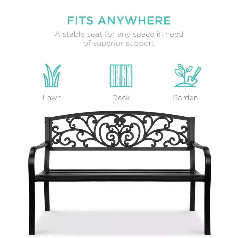 Banc d'extérieur en acier Best Choice Products, mobilier de jardin pour terrasse ou porche avec dossier à motif floral