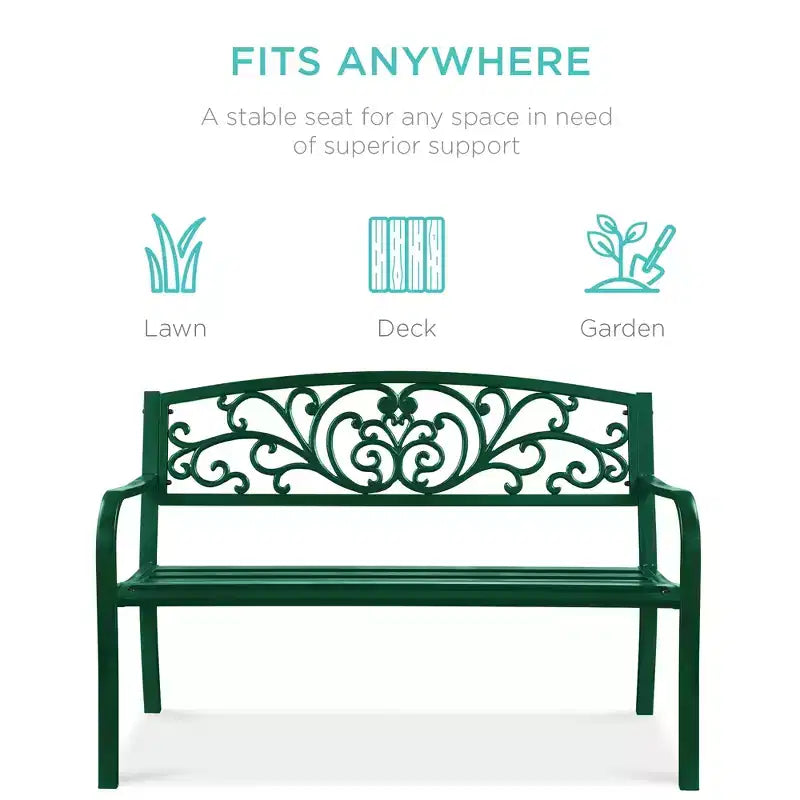 Banc d'extérieur en acier Best Choice Products, mobilier de jardin pour terrasse ou porche avec dossier à motif floral