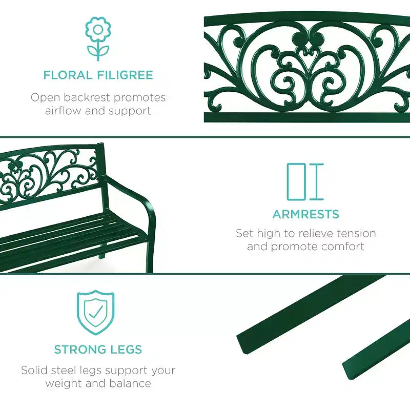 Banc d'extérieur en acier Best Choice Products, mobilier de jardin pour terrasse ou porche avec dossier à motif floral