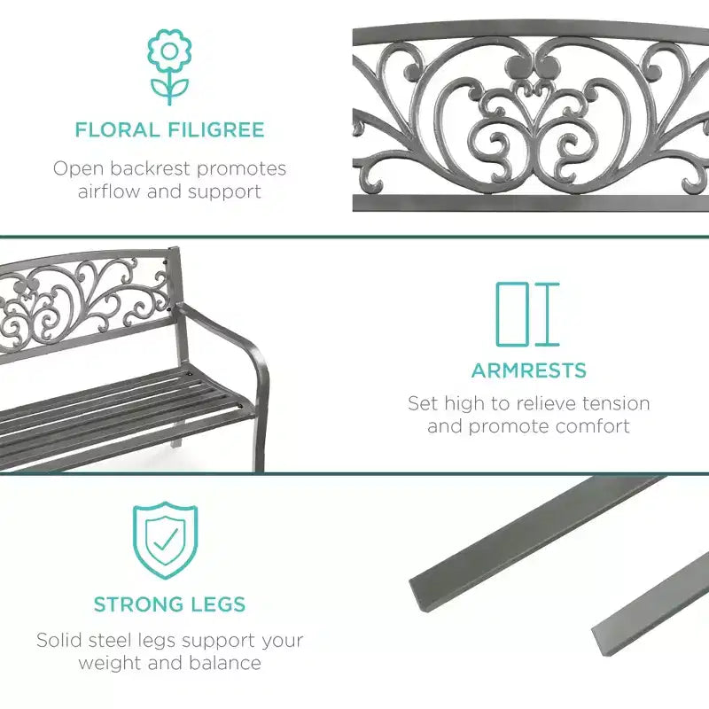 Banc d'extérieur en acier Best Choice Products, mobilier de jardin pour terrasse ou porche avec dossier à motif floral