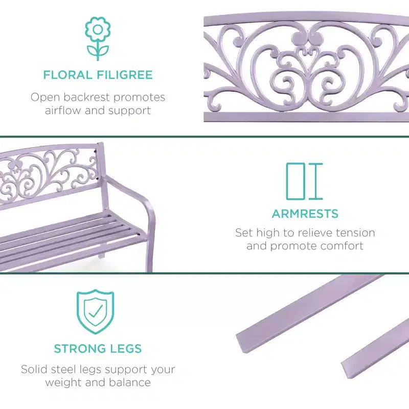 Banc d'extérieur en acier Best Choice Products, mobilier de jardin pour terrasse ou porche avec dossier à motif floral