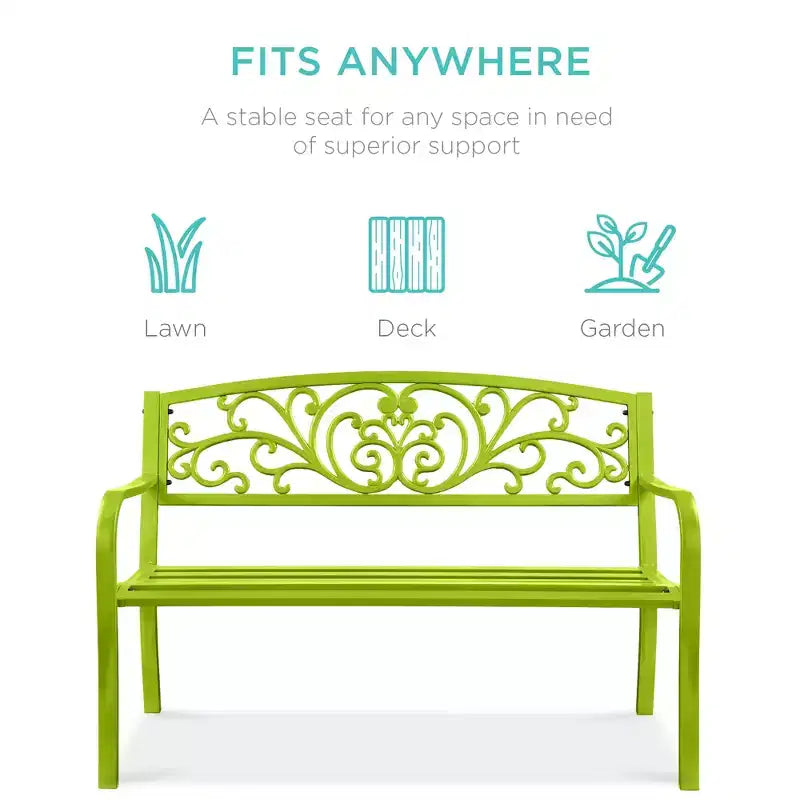Banc d'extérieur en acier Best Choice Products, mobilier de jardin pour terrasse ou porche avec dossier à motif floral