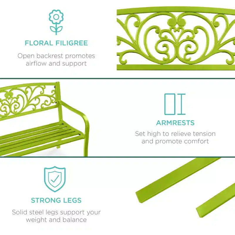 Banc d'extérieur en acier Best Choice Products, mobilier de jardin pour terrasse ou porche avec dossier à motif floral