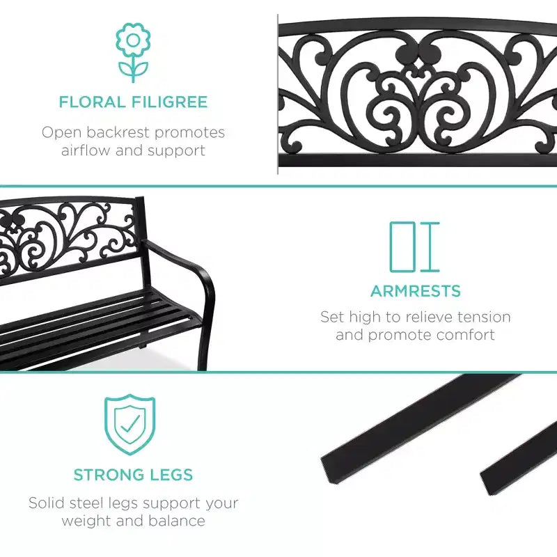 Banc d'extérieur en acier Best Choice Products, mobilier de jardin pour terrasse ou porche avec dossier à motif floral