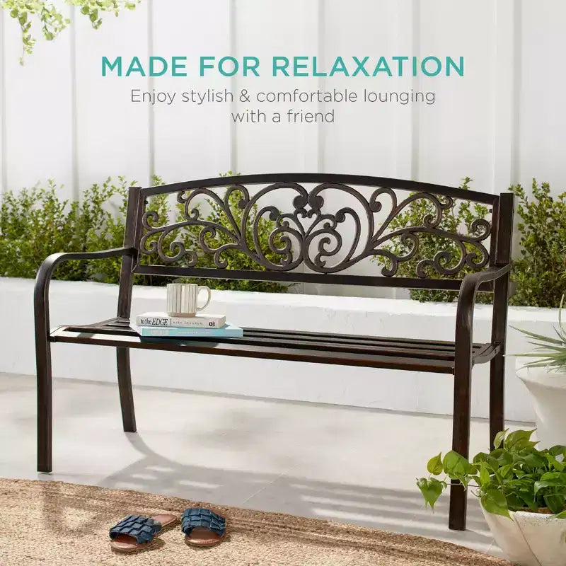 Banc d'extérieur en acier Best Choice Products, mobilier de jardin pour terrasse ou porche avec dossier à motif floral