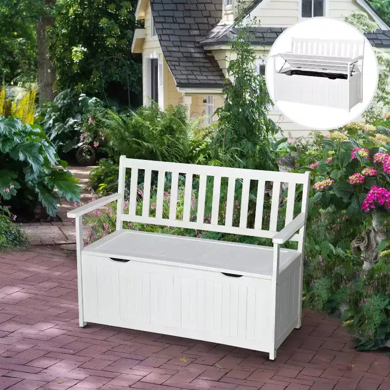 Outsunny Banc de rangement extérieur 155 L, coffre de pont en bois avec revêtement intérieur en PE imperméable, conteneur 2 places pour patio, jardin, balcon, cour