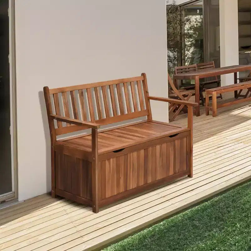 Outsunny Banc de rangement extérieur 155 L, coffre de pont en bois avec revêtement intérieur en PE imperméable, conteneur 2 places pour patio, jardin, balcon, cour