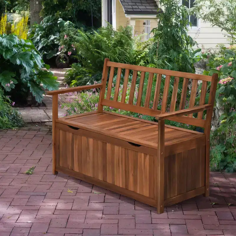 Outsunny Banc de rangement extérieur 155 L, coffre de pont en bois avec revêtement intérieur en PE imperméable, conteneur 2 places pour patio, jardin, balcon, cour