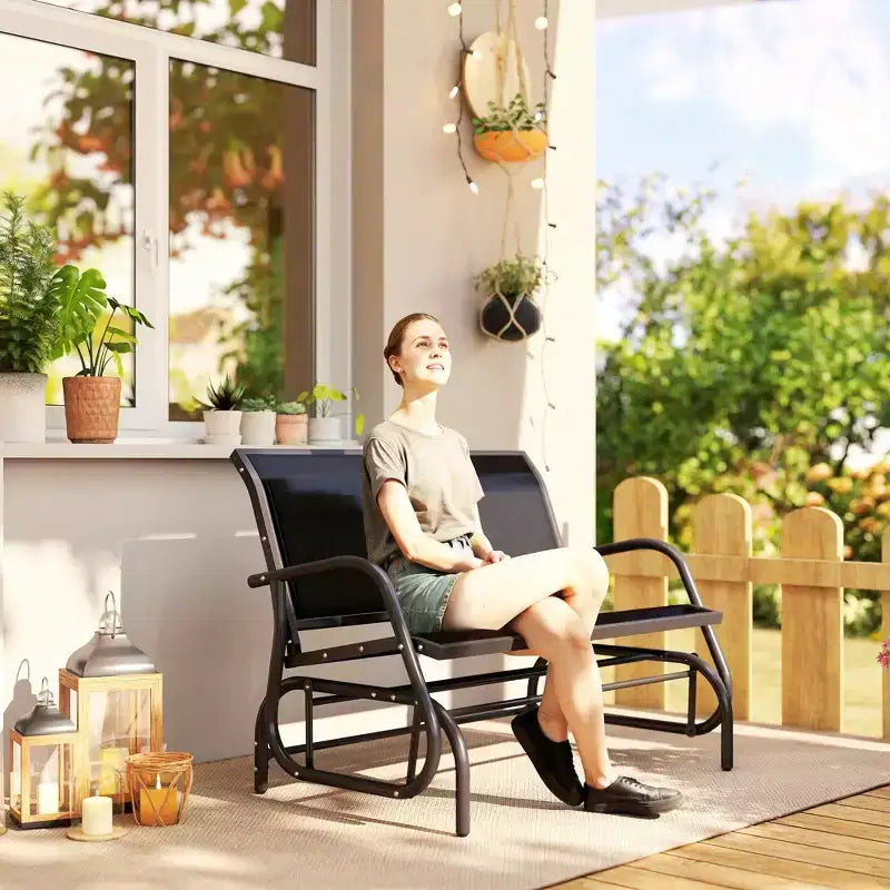 Banc à bascule extérieur 2 places Outsunny, causeuse double à bascule pour patio avec cadre en acier thermolaqué pour jardin