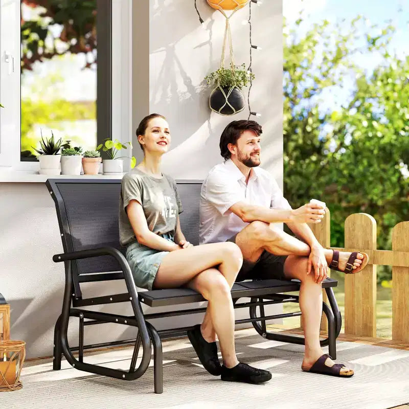 Banc à bascule extérieur 2 places Outsunny, causeuse double à bascule pour patio avec cadre en acier thermolaqué pour jardin