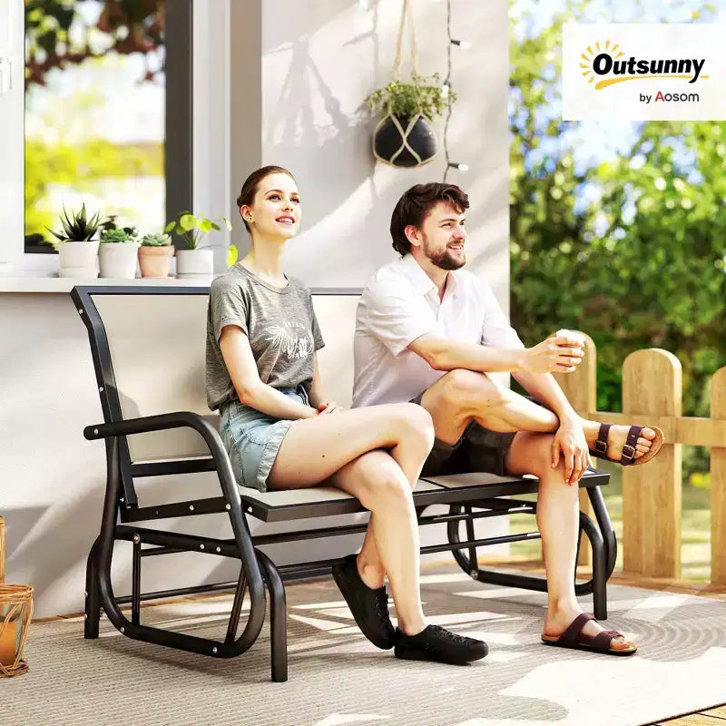 Banc à bascule extérieur 2 places Outsunny, causeuse double à bascule pour patio avec cadre en acier thermolaqué pour jardin