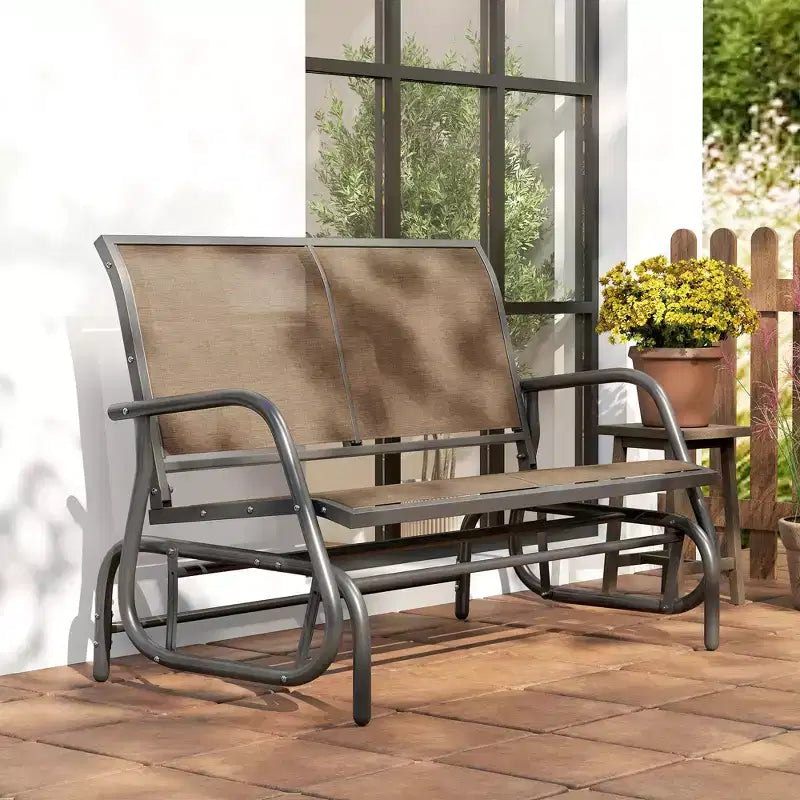 Banc à bascule extérieur 2 places Outsunny, causeuse double à bascule pour patio avec cadre en acier thermolaqué pour jardin