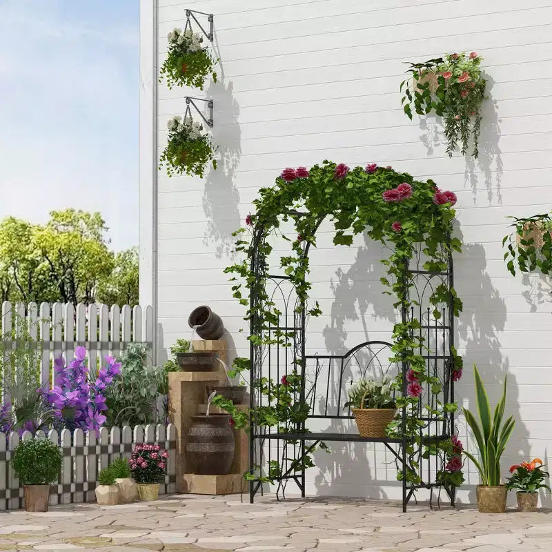 Outsunny Arche de jardin en métal avec banc pour plantes grimpantes, raisins et vignes, avec assise décorative entrelacée, noir