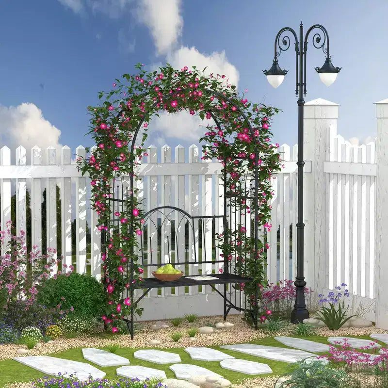 Outsunny Arche de jardin en métal avec banc pour plantes grimpantes, raisins et vignes, avec assise décorative entrelacée, noir
