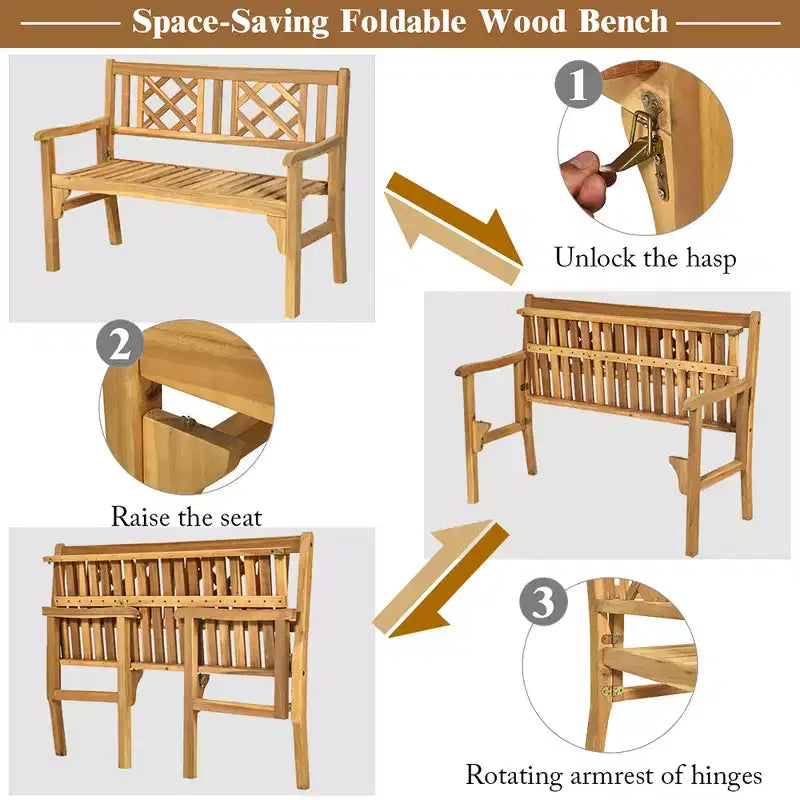 Costway Banc de patio extérieur en bois massif, fauteuil deux places pliant pour parc, jardin, terrasse