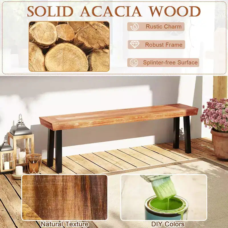 Costway Lot de 2 Bancs de Salle à Manger en Bois d'Acacia et Pieds en Acier Rustique pour Intérieur et Extérieur