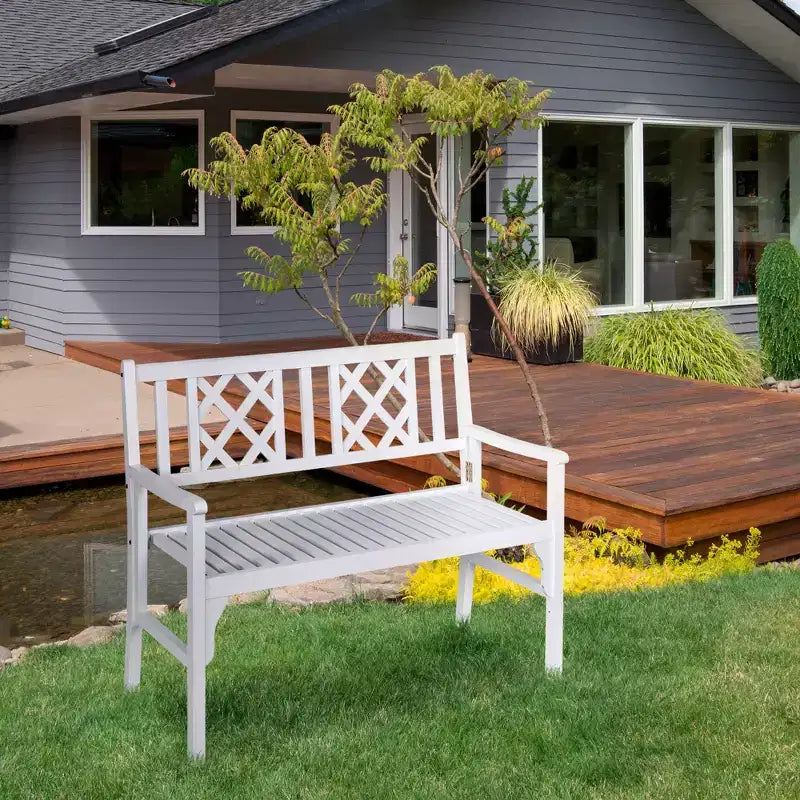 Banc de jardin pliable Outsunny, banc de patio en bois 2 places, causeuse avec dossier et accoudoirs pour patio, véranda ou balcon