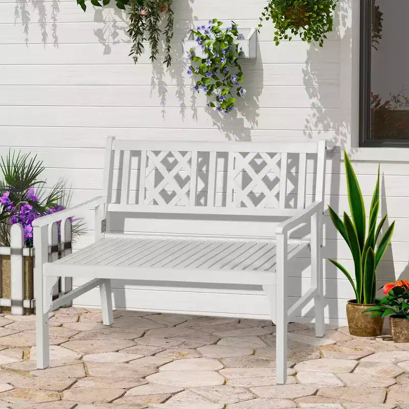 Banc de jardin pliable Outsunny, banc de patio en bois 2 places, causeuse avec dossier et accoudoirs pour patio, véranda ou balcon