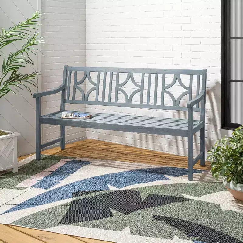Banc de jardin extérieur en bois d'acacia JONATHAN Y Sloane 59.1 à 3 places avec dossier en ogive en losange, supporte jusqu'à 272 kg