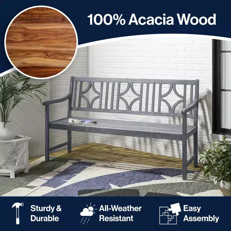 Banc de jardin extérieur en bois d'acacia JONATHAN Y Sloane 59.1 à 3 places avec dossier en ogive en losange, supporte jusqu'à 272 kg