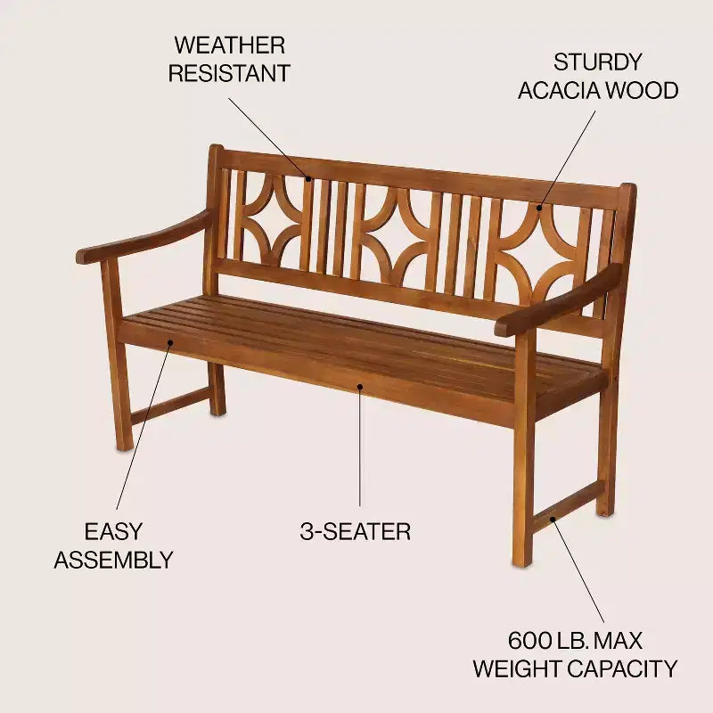 Banc de jardin extérieur en bois d'acacia JONATHAN Y Sloane 59.1 à 3 places avec dossier en ogive en losange, supporte jusqu'à 272 kg