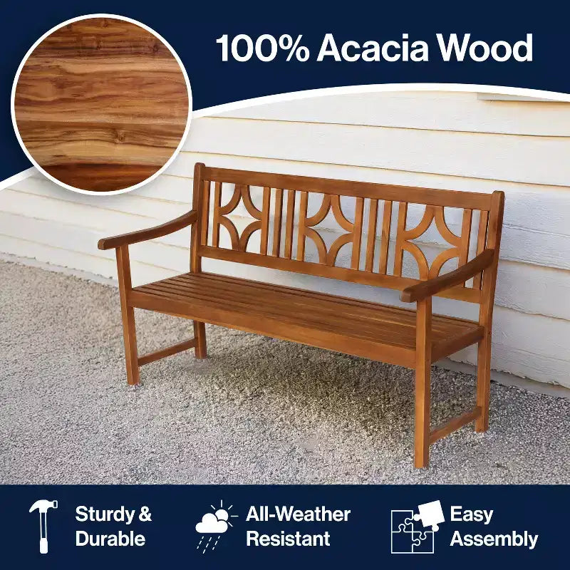 Banc de jardin extérieur en bois d'acacia JONATHAN Y Sloane 59.1 à 3 places avec dossier en ogive en losange, supporte jusqu'à 272 kg