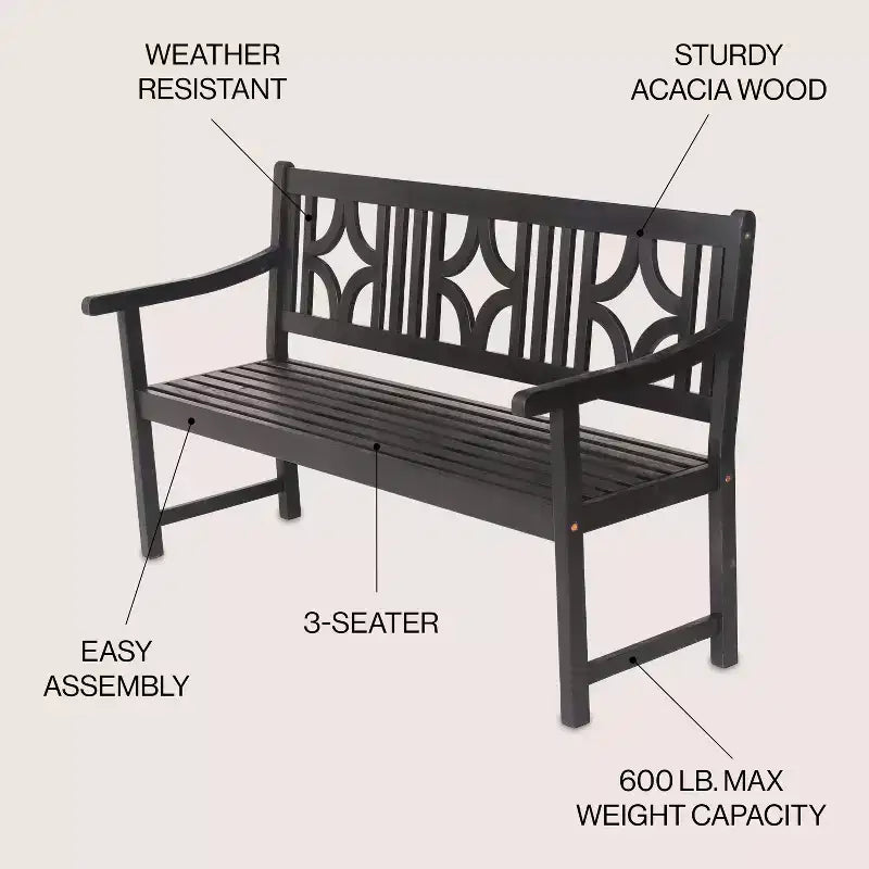 Banc de jardin extérieur en bois d'acacia JONATHAN Y Sloane 59.1 à 3 places avec dossier en ogive en losange, supporte jusqu'à 272 kg