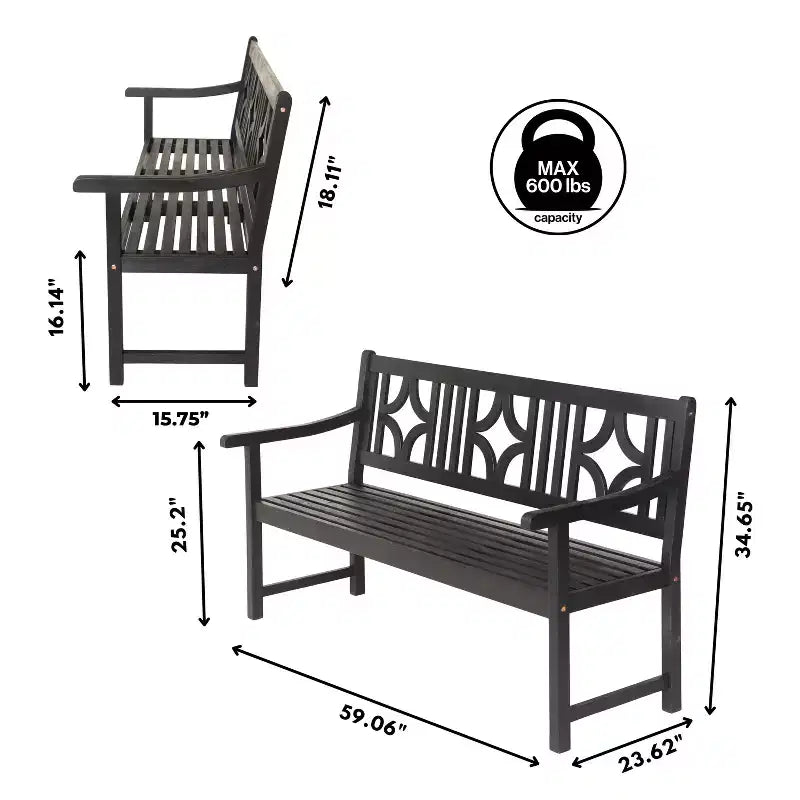 Banc de jardin extérieur en bois d'acacia JONATHAN Y Sloane 59.1 à 3 places avec dossier en ogive en losange, supporte jusqu'à 272 kg