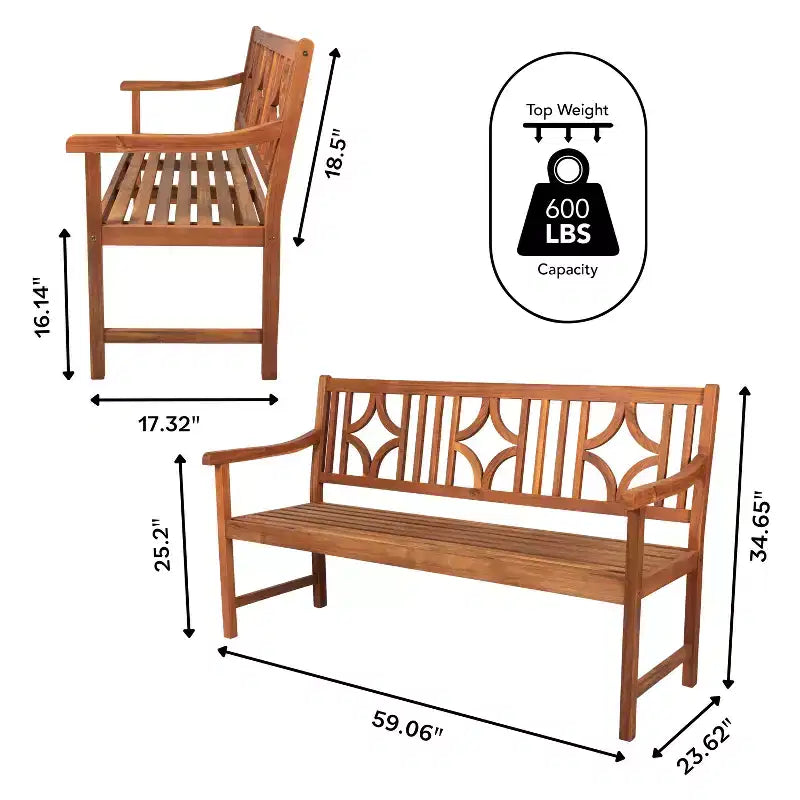Banc de jardin extérieur en bois d'acacia JONATHAN Y Sloane 59.1 à 3 places avec dossier en ogive en losange, supporte jusqu'à 272 kg