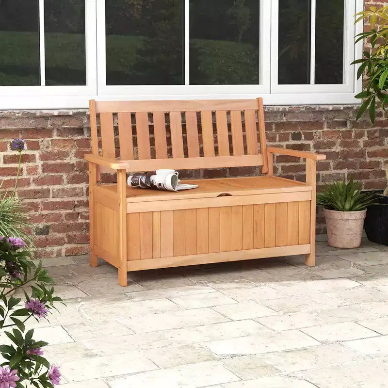 Banc de rangement extérieur Costway 48 pouces en bois avec dossier à lattes pour jardin