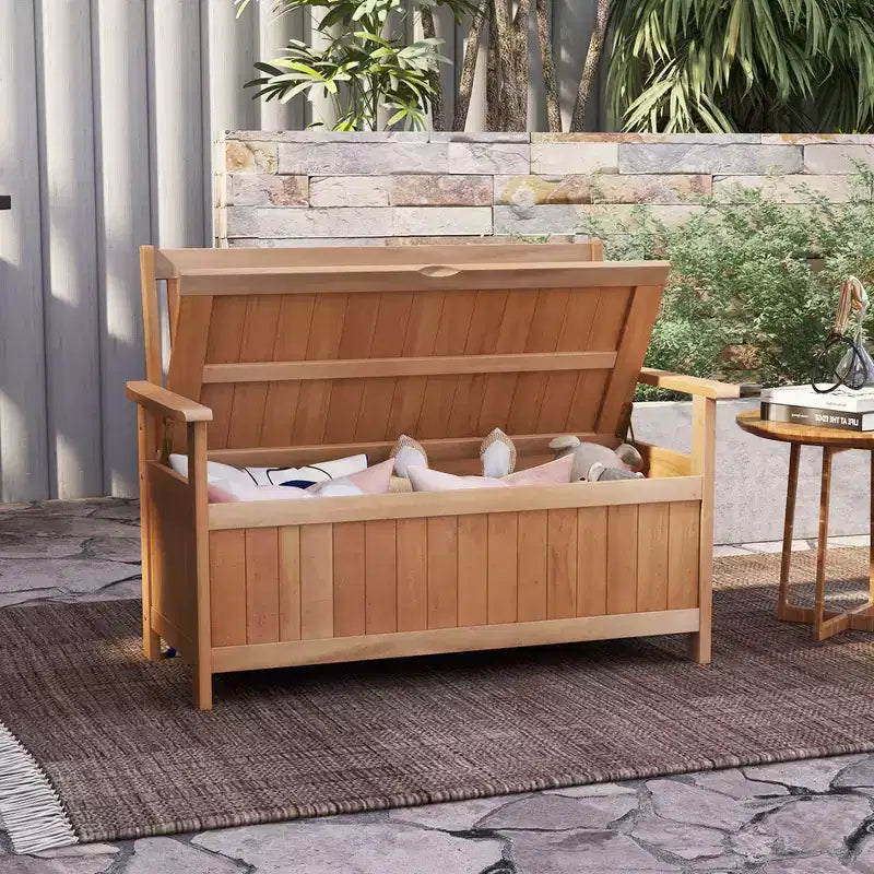 Banc de rangement extérieur Costway 48 pouces en bois avec dossier à lattes pour jardin