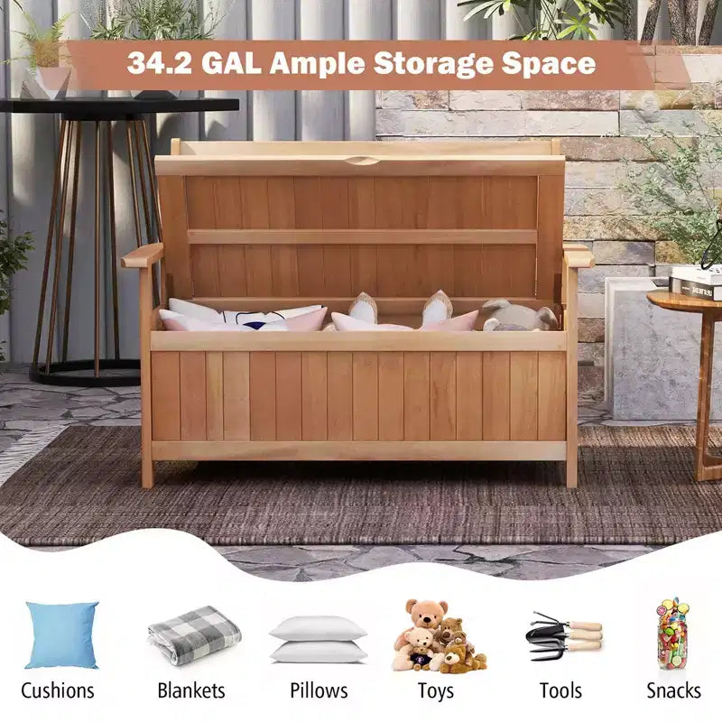 Banc de rangement extérieur Costway 48 pouces en bois avec dossier à lattes pour jardin