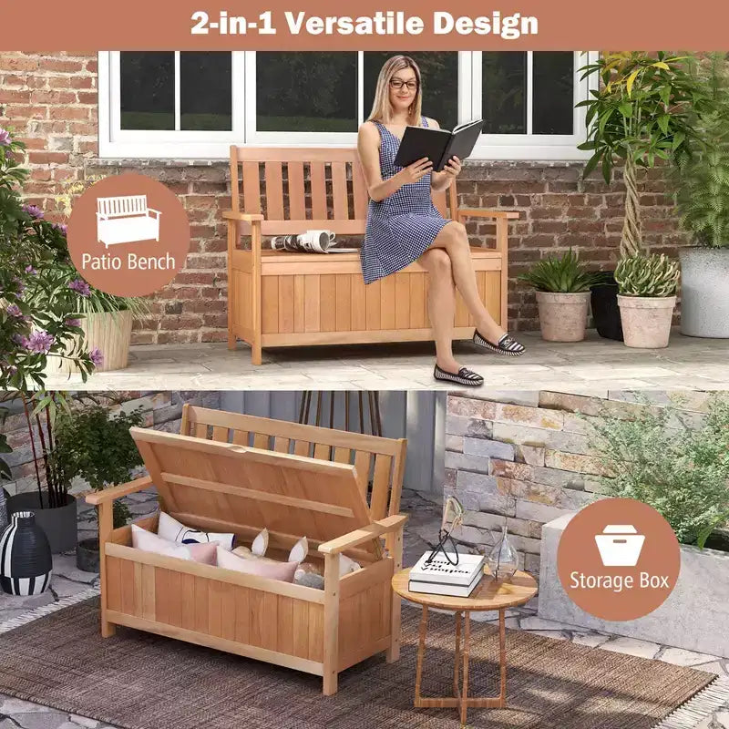 Banc de rangement extérieur Costway 48 pouces en bois avec dossier à lattes pour jardin