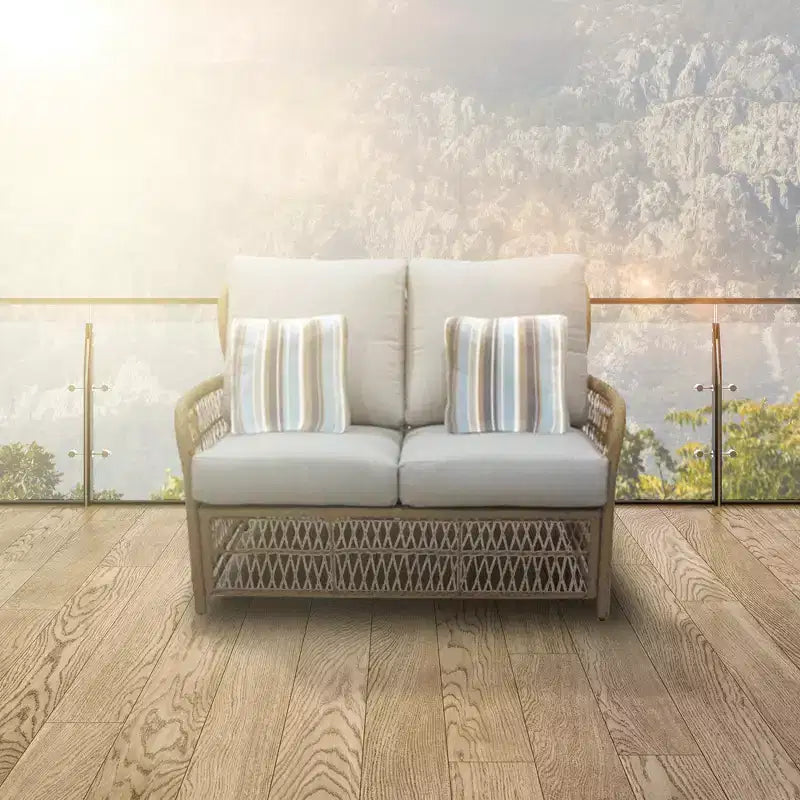 Banquette de jardin de la cour Four Seasons Positano en osier avec coussins de salon moelleux en acrylique confortables et 2 coussins décoratifs