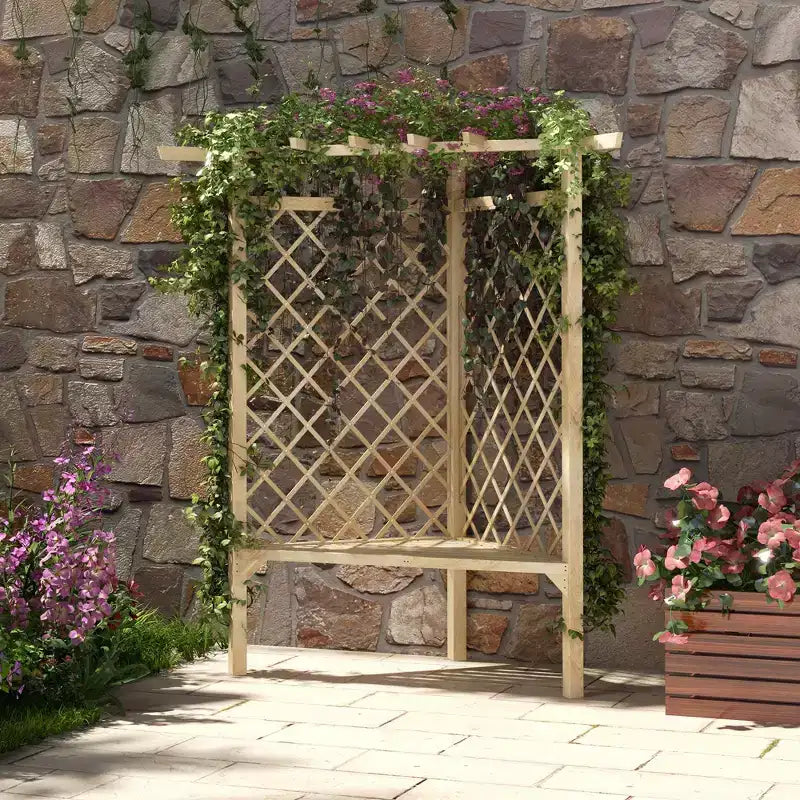 Banc de jardin avec treillis Outsunny 55", banc de parc en bois pour plantes grimpantes avec siège à lattes, idéal pour pelouse, cour arrière, terrasse, naturel