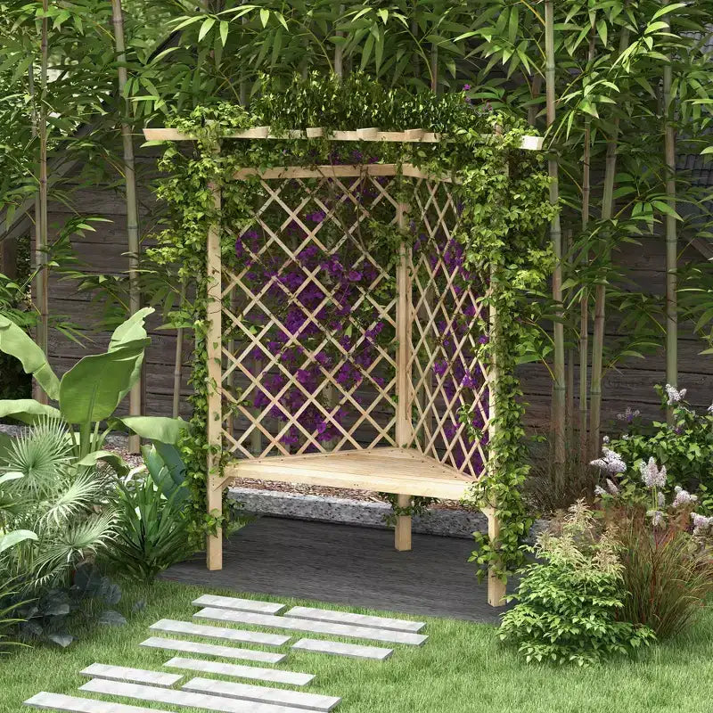 Banc de jardin avec treillis Outsunny 55", banc de parc en bois pour plantes grimpantes avec siège à lattes, idéal pour pelouse, cour arrière, terrasse, naturel